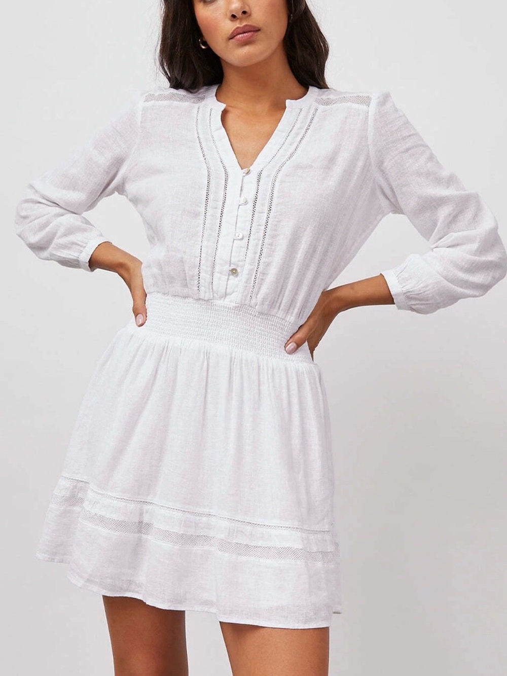 Rails Jasmine White Long-Sleeve Mini Dress, Lace Inset, Linen Blend, Size L - Picture 14 of 16